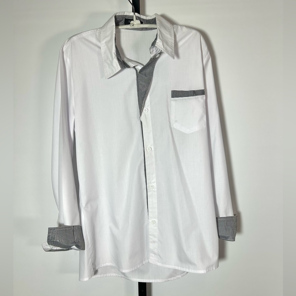 Van Shibuya White Button Up Shirt Gingham Checkered Trim, See Measurements